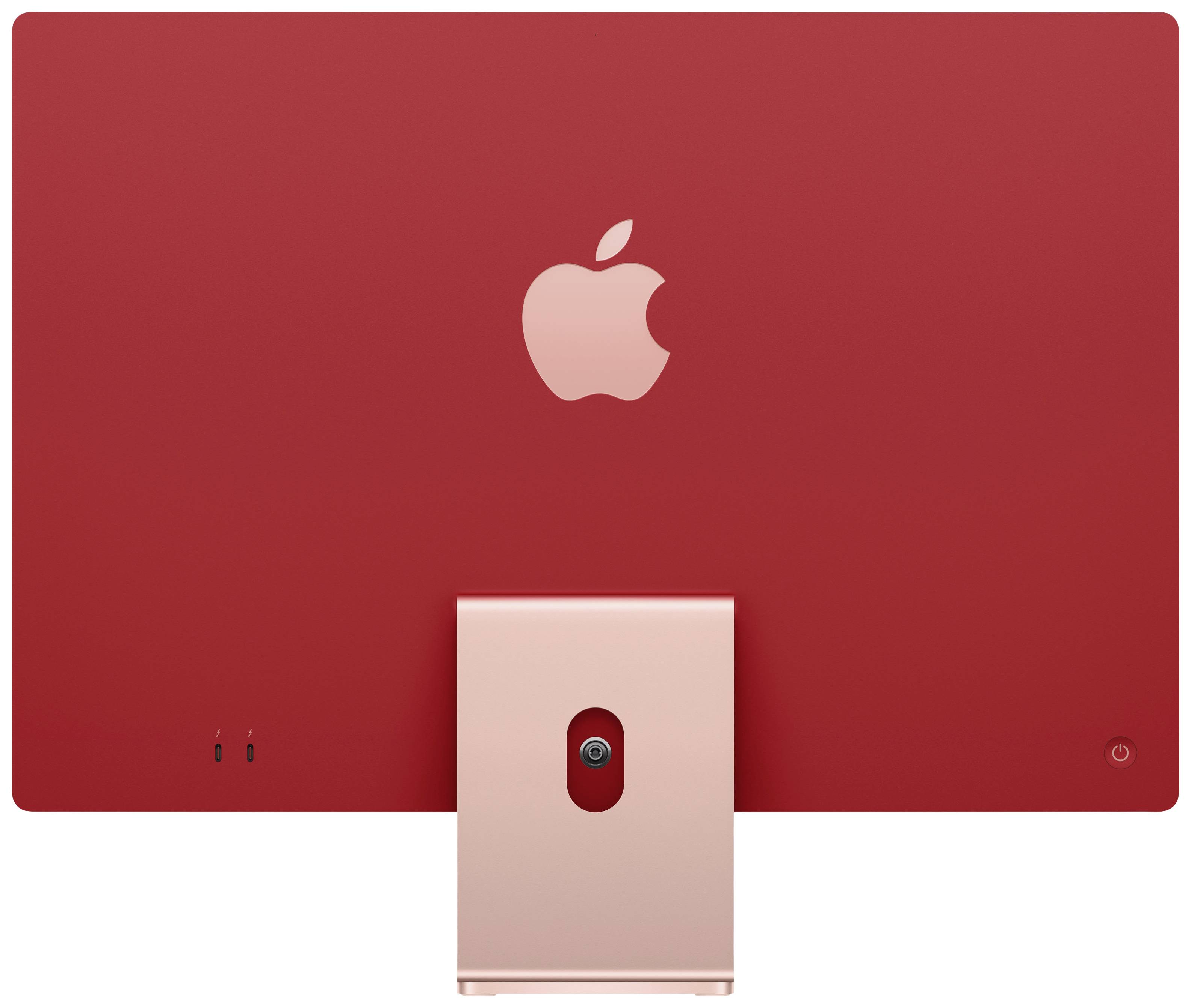 Ein roter iMac von hinten, zeigt das Apple-Logo in der Mitte, Steckdosen und eine Kameralinse am Standfuß.