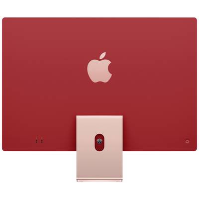 Ein roter iMac von hinten, zeigt das Apple-Logo in der Mitte, Steckdosen und eine Kameralinse am Standfuß.