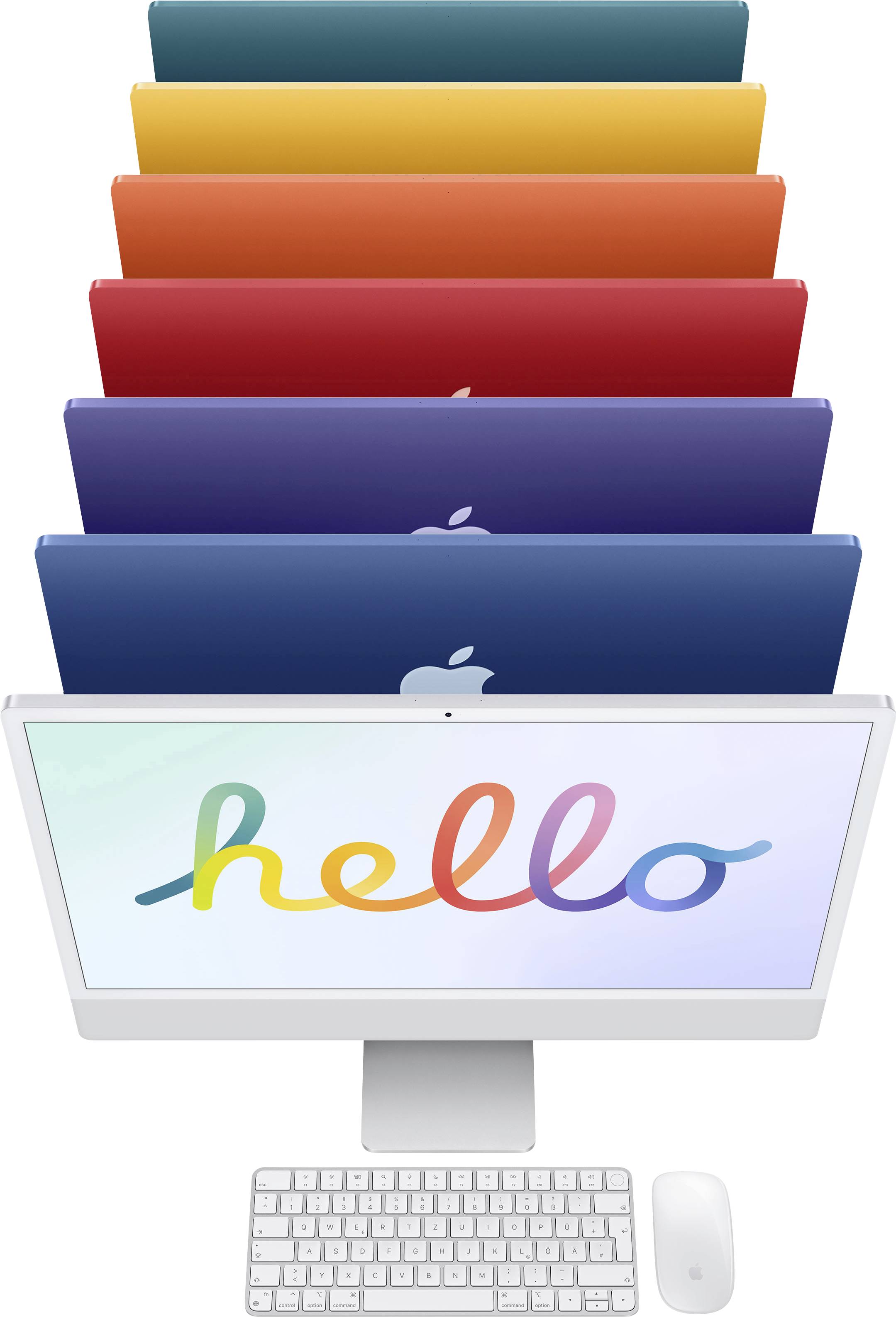 Ein iMac in Weiß mit 'hello' in Regenbogenfarben auf dem Bildschirm. Dahinter stehen sieben iMacs in verschiedenen Farben gestapelt.
