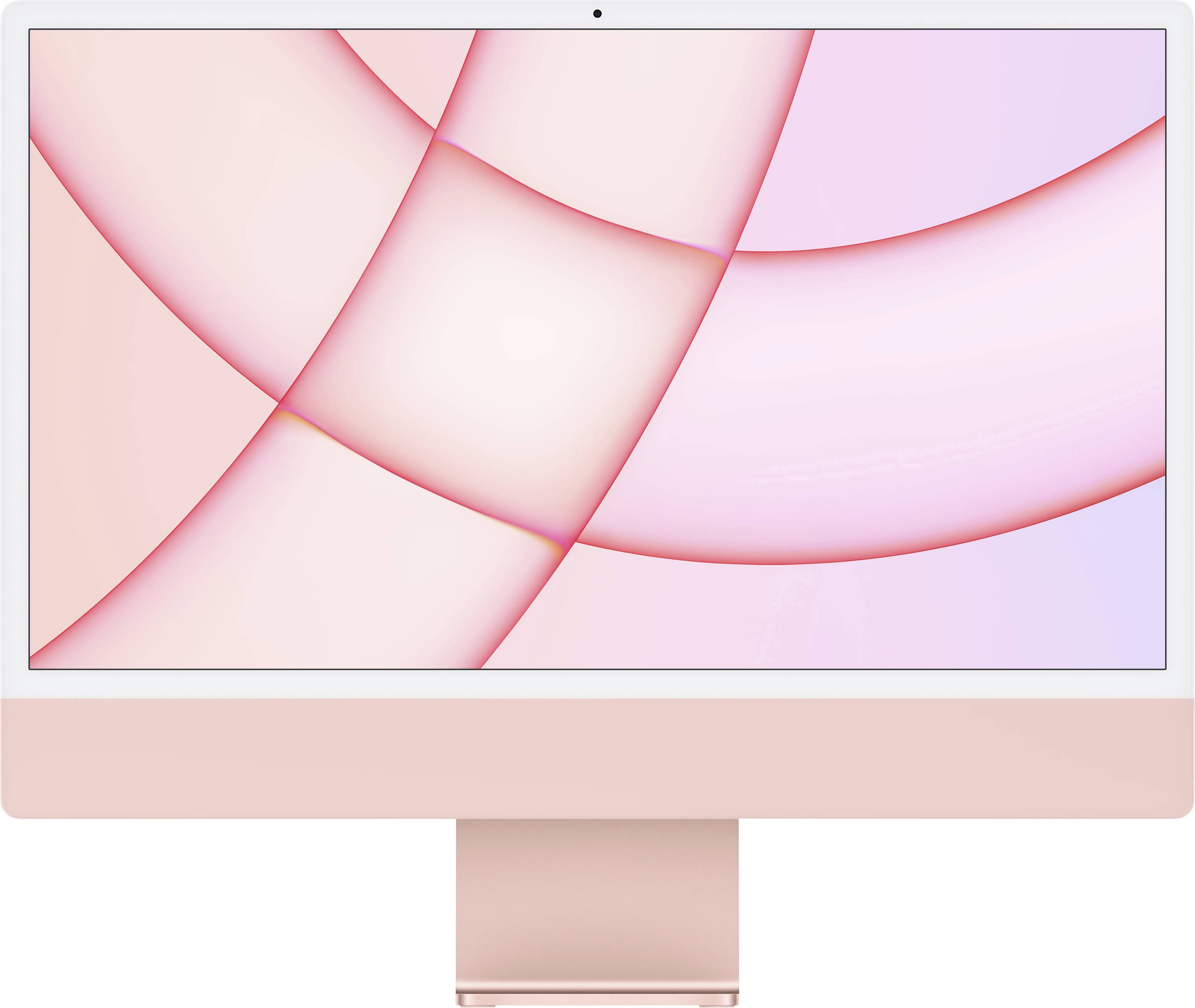Ein rosafarbener All-in-One-Desktop-Computer mit großem Bildschirm, der ein abstraktes, rosa und weißes Muster zeigt.