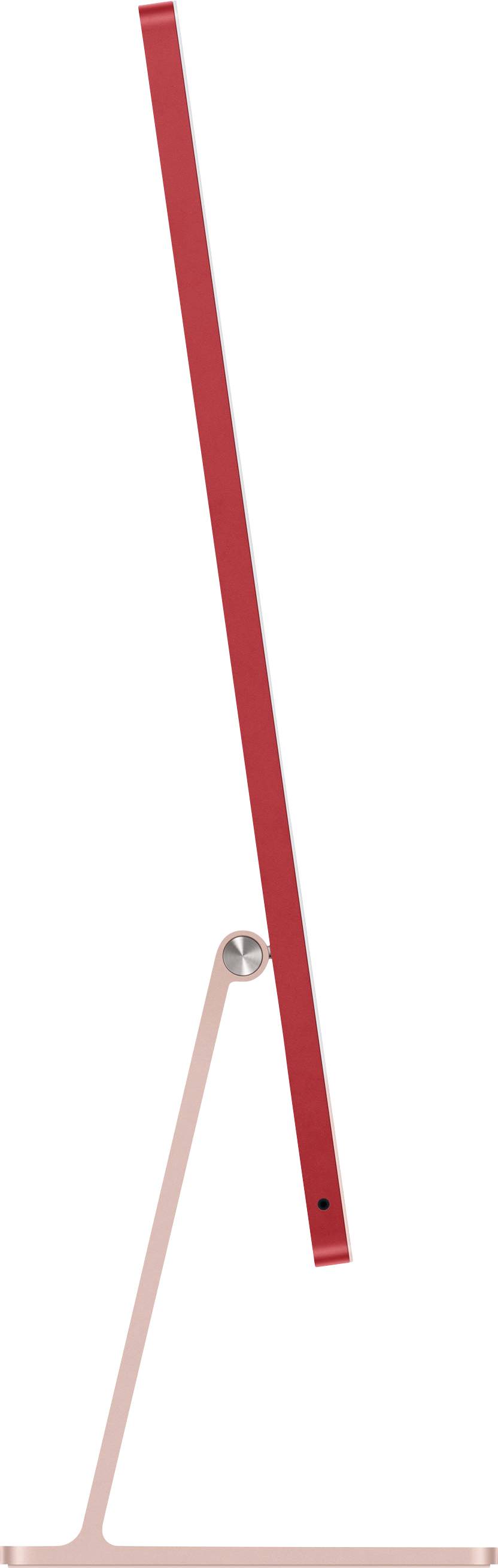 Ein roter, ultradünner Computer steht seitlich auf einem schlichten, modernen Standfuß.