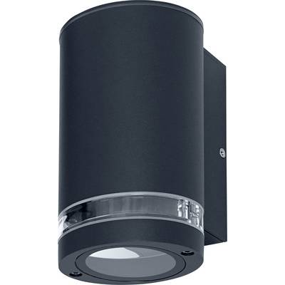 Schwarze zylindrische Außenleuchte aus Metall, für die Wandmontage geeignet, mit transparentem Streifen am unteren Rand.