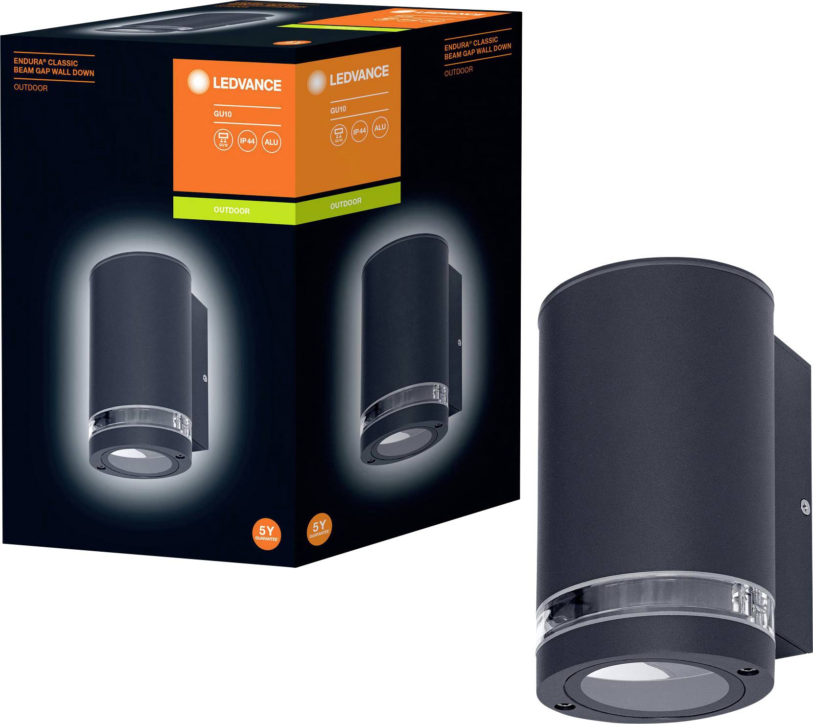 Außenwandleuchte, zylindrisch, mit LED-Lampe. Verpackung zeigt Marke 'Ledvance'. Ideal für Außenbeleuchtung.