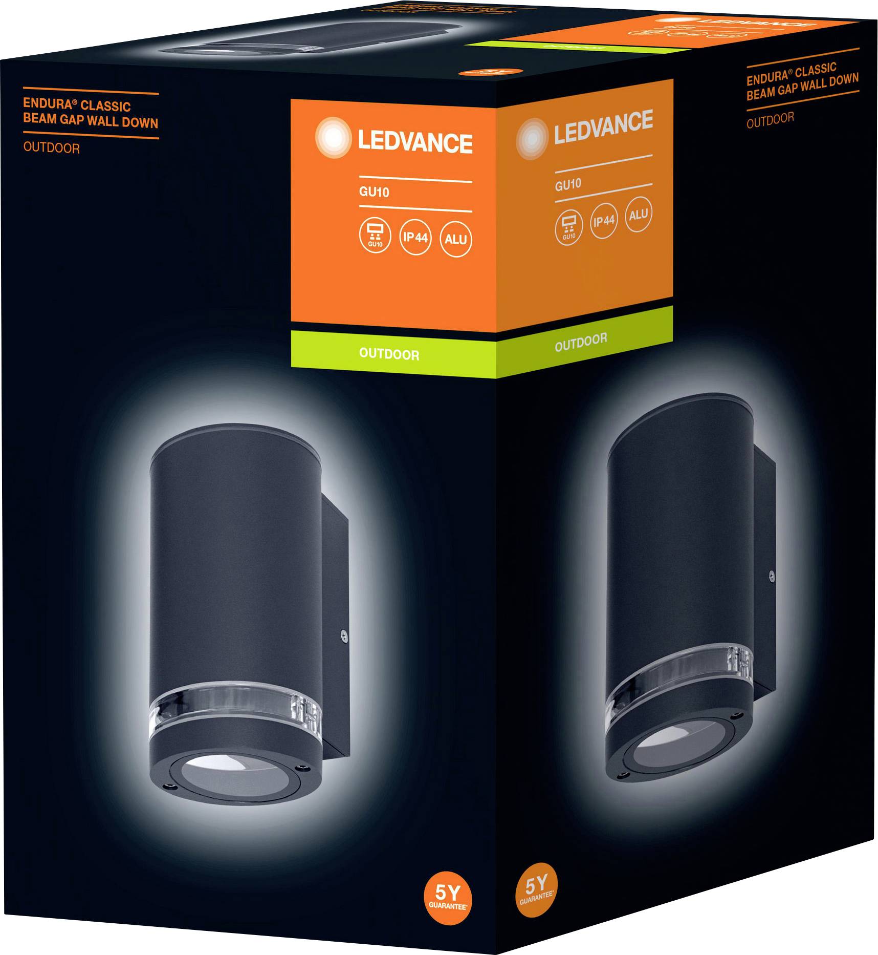 Die Verpackung zeigt eine Outdoor-Wandleuchte von Ledvance, Modell Endura Classic Beam Gap. Schwarzes Gehäuse, IP44 zertifiziert.