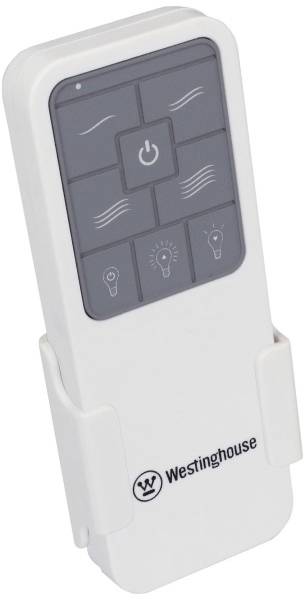 Eine weiße Fernbedienung mit schwarzen Tasten für einen Ventilator. Markiert mit 'Westinghouse'. Enthält Symbole für Licht und Geschwindigkeit.