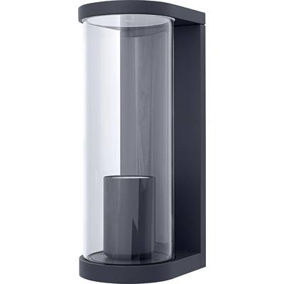 Eine moderne, dunkelgraue Außenwandleuchte mit zylindrischem Glasgehäuse und integriertem Lichteinsatz für stilvolle Beleuchtung.