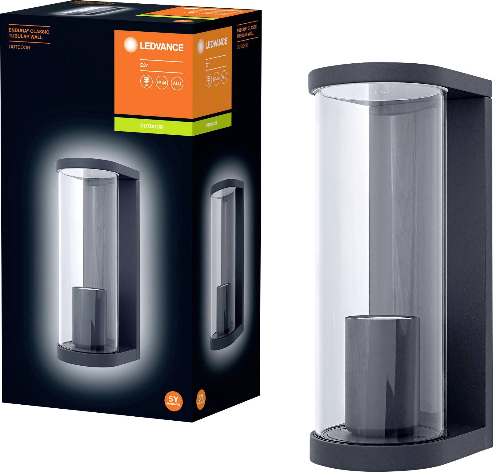 Wandleuchte 'Ledvance Endura Style', zylinderförmig, anthrazit, für den Außenbereich. Verpackung mit Produktabbildung.