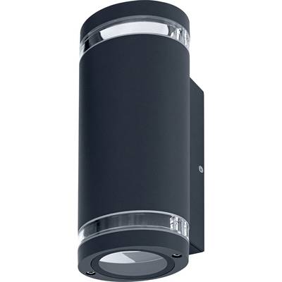 Eine schwarze Wandleuchte mit zylindrischer Form und transparenten Abschnitten oben und unten, zur Beleuchtung von oben und unten.