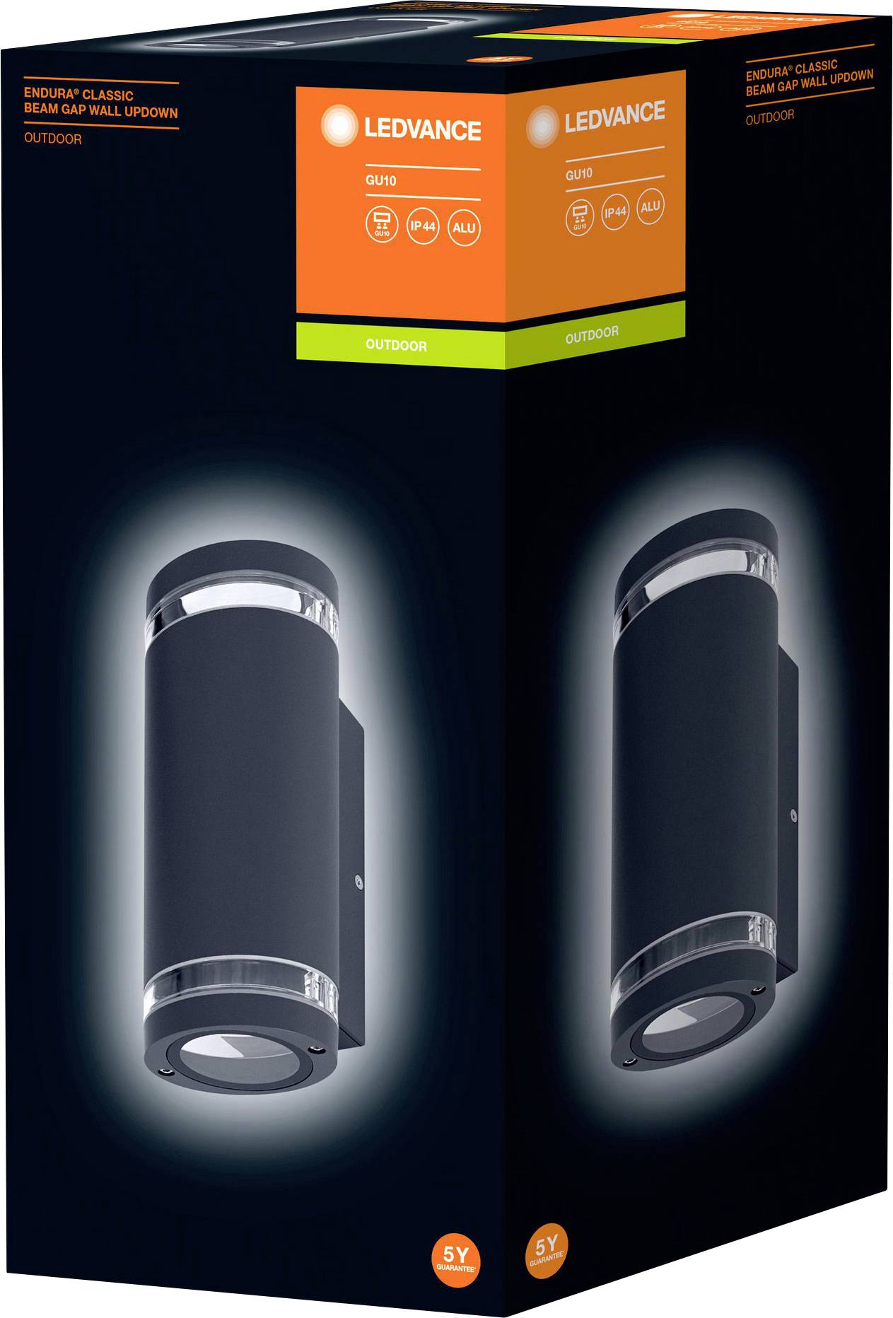 Verpackung von LEDVANCE Outdoor-Wandleuchte. Zeigt modernes, schwarzes Design mit nach oben und unten gerichteten Lichtstrahlen.