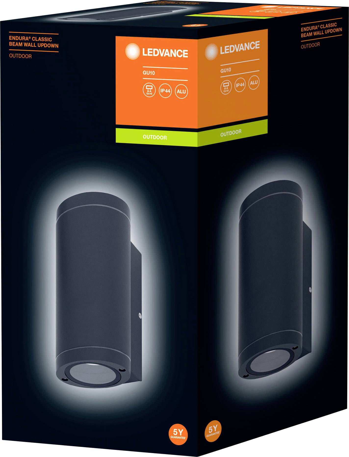Schwarze LED-Wandleuchte von Ledvance, geeignet für den Außenbereich. Verpackung zeigt dimmbare Leuchte mit 5 Jahren Garantie.
