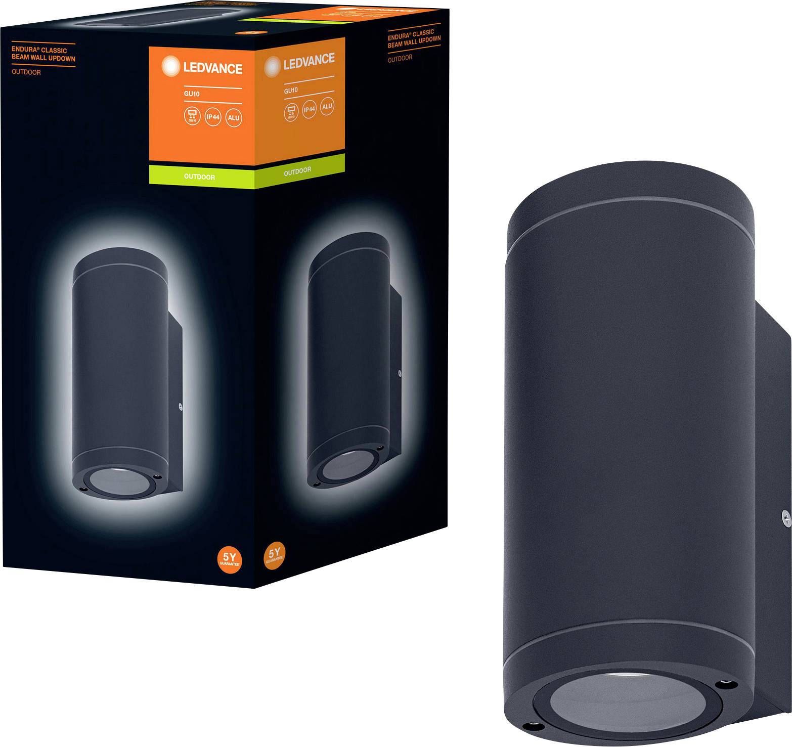Eine schwarze zylindrische LED-Außenleuchte mit Verpackungsbox. Die Box zeigt Produktdetails wie Marke und Spezifikationen.