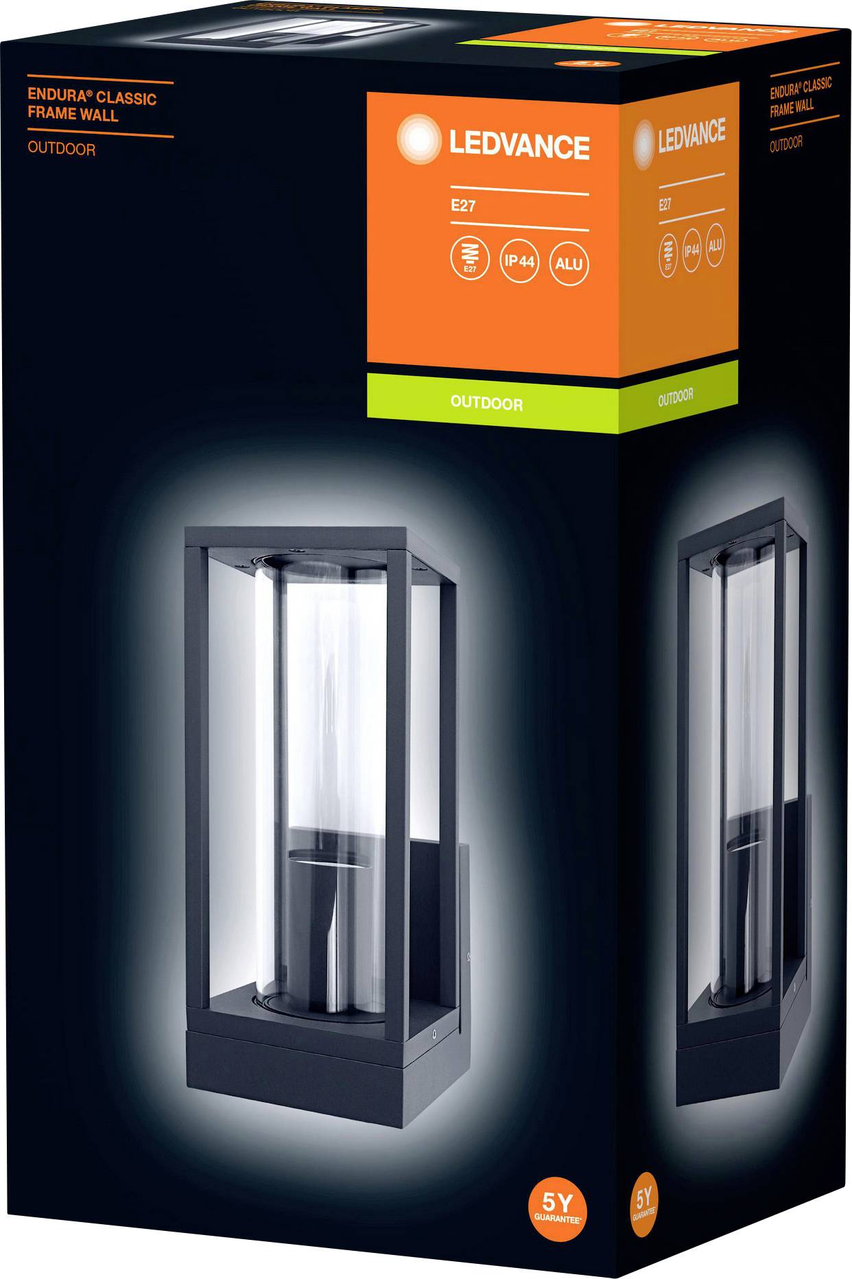 Verpackung einer LEDVANCE Außenwandlampe, Endura Classic Frame Wall, mit E27-Sockel, IP44, für den Außenbereich, 5 Jahre Garantie.