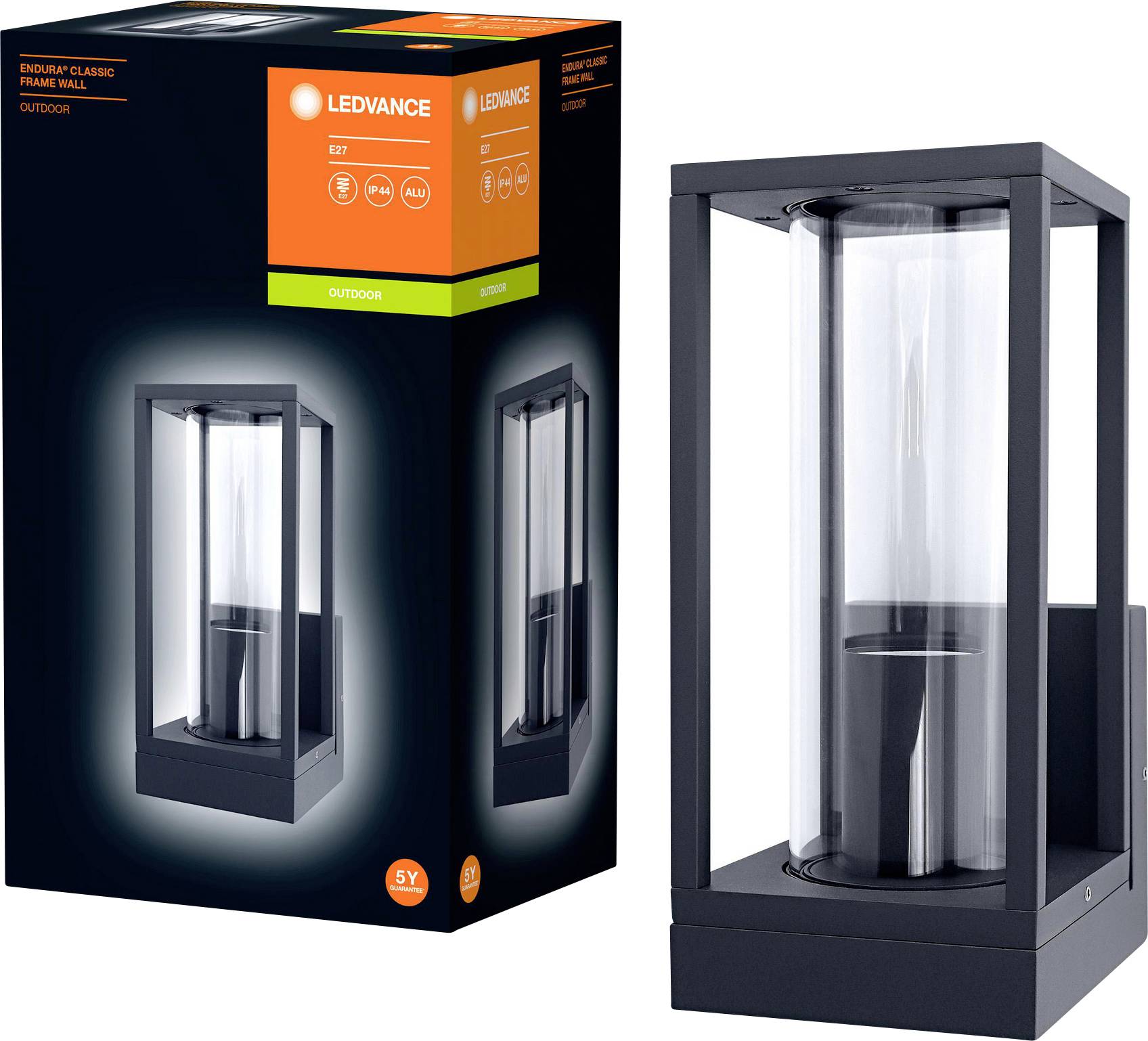 Außenwandleuchte in modernem, rechteckigem Design aus schwarzem Metall und Glas, abgebildet neben ihrer Verpackung.