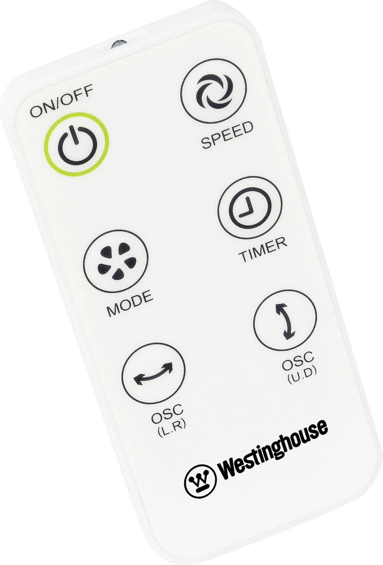 Weiße Fernbedienung eines Ventilators mit Tasten für 'Ein/Aus', 'Geschwindigkeit', 'Timer', 'Modus', 'Oszillation', Marke 'Westinghouse'.