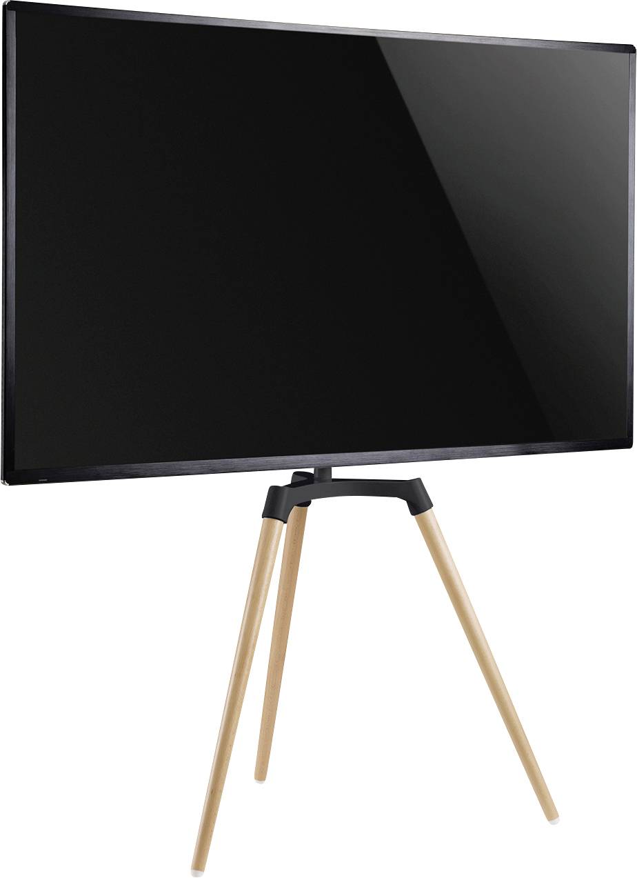 Ein schlanker Monitor steht auf einem dreibeinigen Holzständer, ohne sichtbare Marken oder Logos, vor einem weißen Hintergrund.
