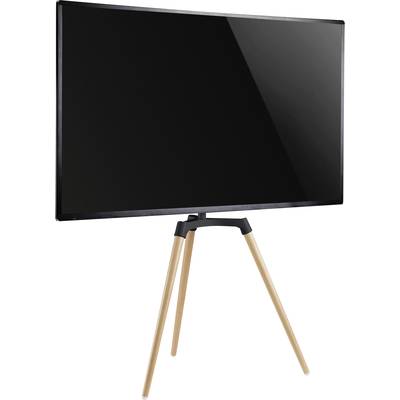 Ein schlanker Monitor steht auf einem dreibeinigen Holzständer, ohne sichtbare Marken oder Logos, vor einem weißen Hintergrund.