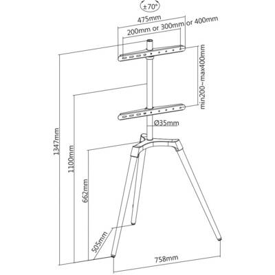 'Stativ mit verstellbarer Halterung: Höhe 1347 mm, Breite 758 mm. Neigbar um 70°. Teleskopstange mit Durchmesser 35 mm.'