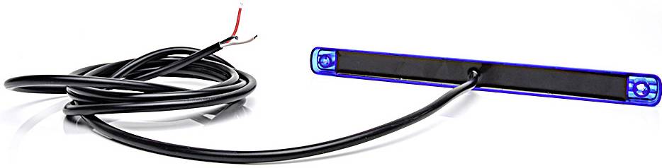 Ein langer, schmaler, blauer Sensor mit Kabel, wahrscheinlich für die Fahrzeuginstallation, liegt auf einer weißen Oberfläche.