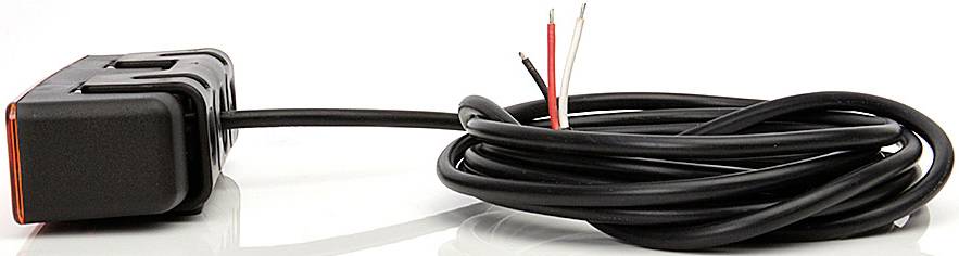 Ein schwarzes Kabel mit drei abisolierten Drähten ist mit einem rechteckigen, schwarzen Kunststoffgehäuse verbunden.