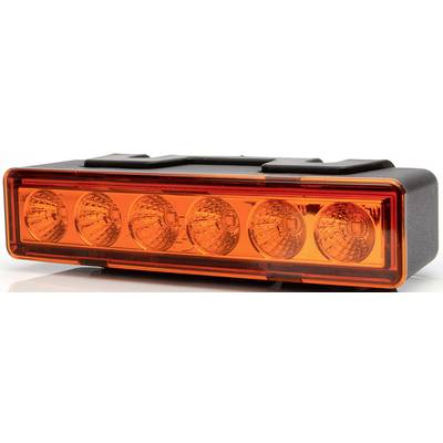 Ein rechteckiges, orangefarbenes Rücklicht mit sechs Reflektoren, häufig an Fahrzeugen zur Signalisierung verwendet.