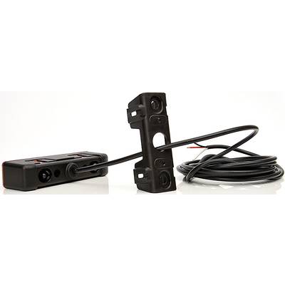 Schwarze Rückfahrkamera mit Kabel und rechteckigem Gehäuse, geeignet für Fahrzeugmontage. erinnert an ein Parkassistenzgerät.