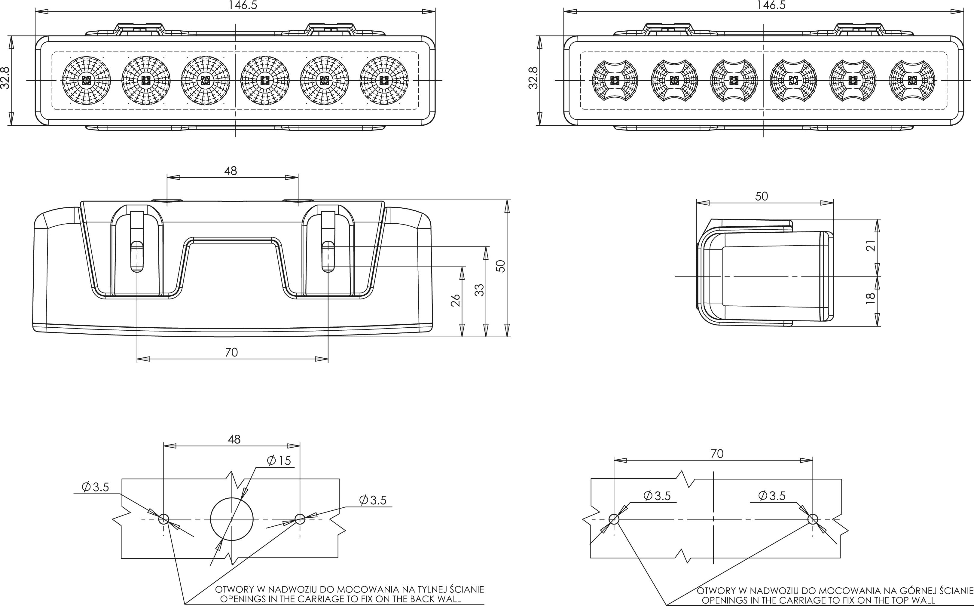 Technische Zeichnung einer rechteckigen mechanischen Komponente mit mehreren kreisförmigen Details, Maßangaben und Front-, Seiten- sowie Aufsicht.