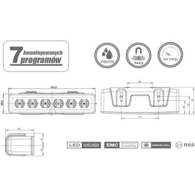 'Zeichnung einer LED-Leuchte mit IP66/IP68 Schutzart. Maße: 144,5 x 32,5 mm. Markenlogos: OSRAM LED, EMC-Kompatibilität.'