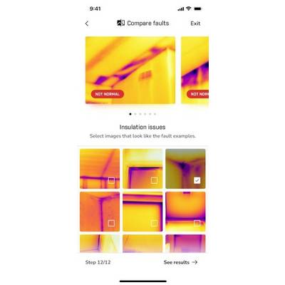 Thermografie-Bilder zur Erkennung von Isolierungsproblemen. Auswahl von Bildern, die wie Fehlerbeispiele aussehen. Markierung zeigt ausgewähltes Bild.
