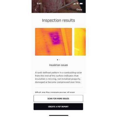 Inspektionsergebnisse: Thermobild zeigt Isolierungsprobleme. Text beschreibt Muster in kontrastierender Farbe als Hinweis auf fehlende oder beschädigte Isolierung. Optionen: Weitere Probleme scannen, PDF-Bericht erstellen.