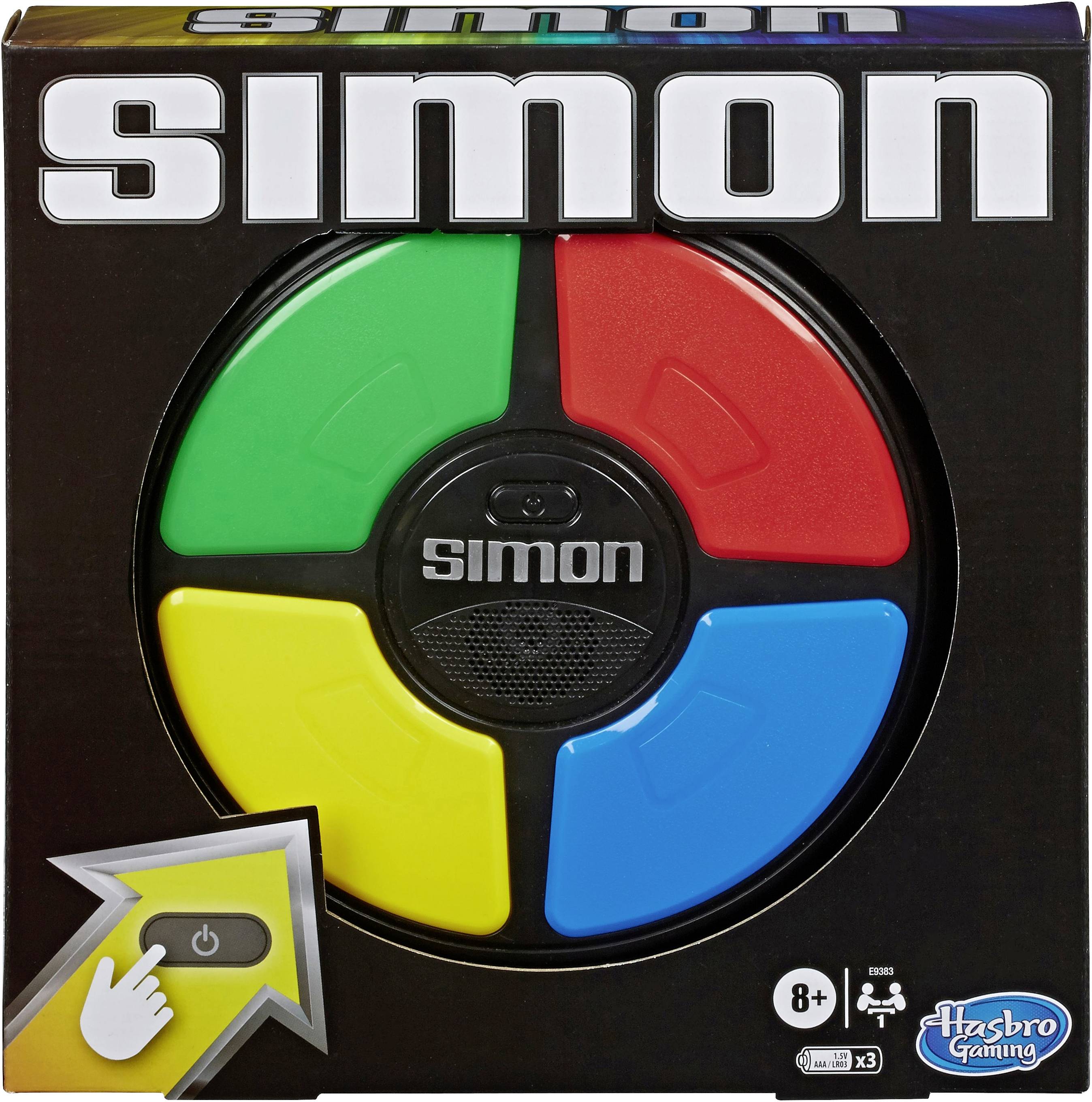 Spielzeug 'Simon' von Hasbro Gaming: Elektronisches Reaktionsspiel in rot, blau, grün und gelb, empfohlen ab 8 Jahren. Verpackungsvorderseite.