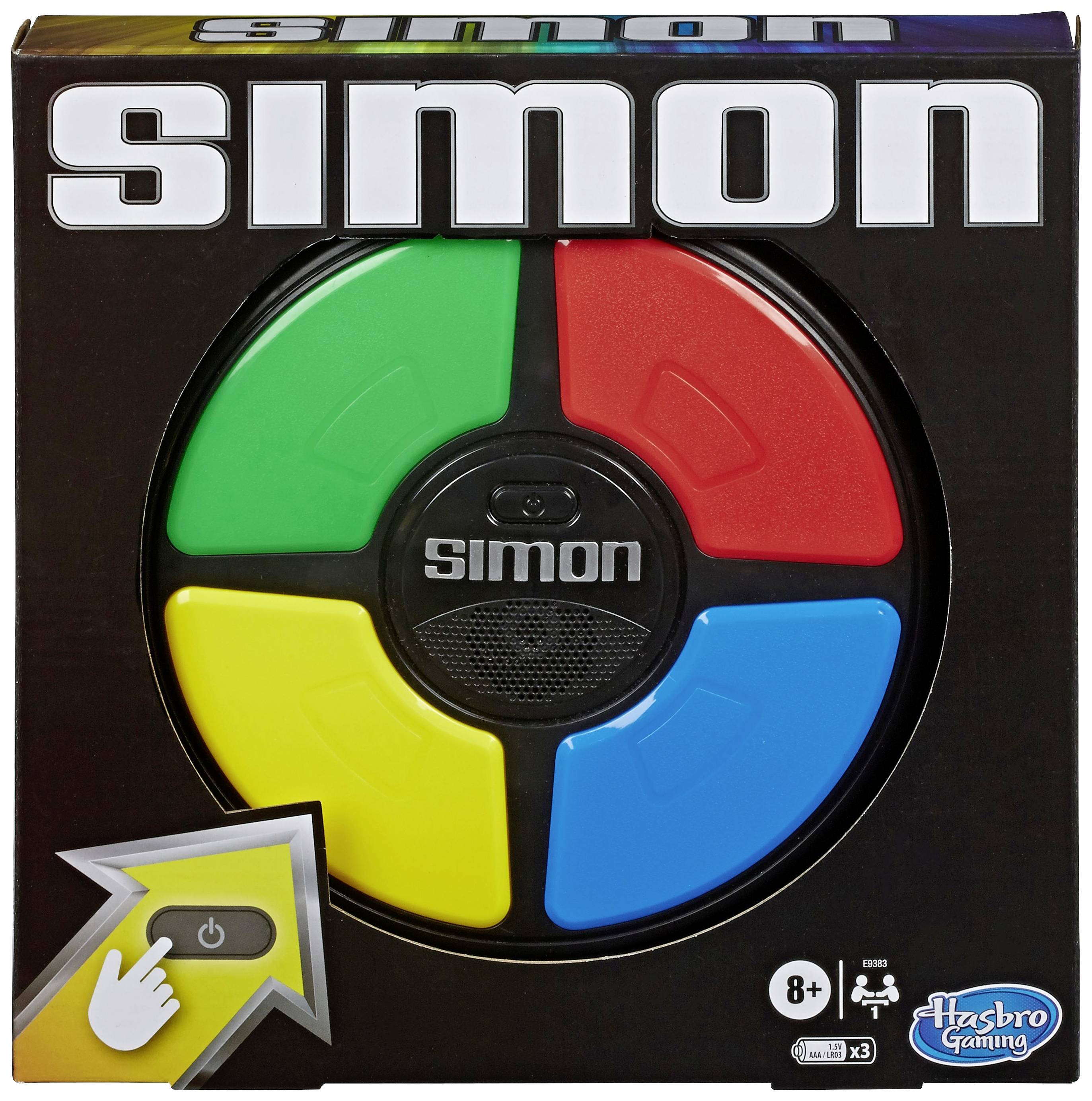 Spiel 'Simon' in Verpackung, zeigt das elektronische Gedächtnisspiel mit vier farbigen Feldern: grün, rot, blau, gelb. Ab 8 Jahren empfohlen.