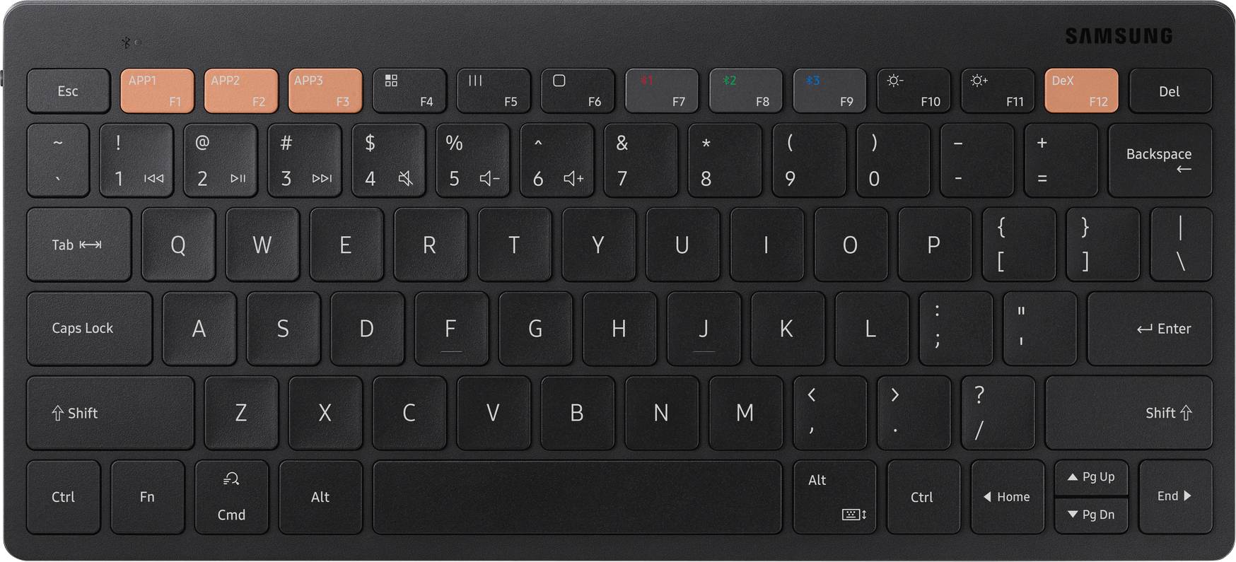 Eine schwarze Samsung-Tastatur mit orangefarbenen Funktionstasten (F1-F3, F7-F9). Vollständiges alphanumerisches Layout.