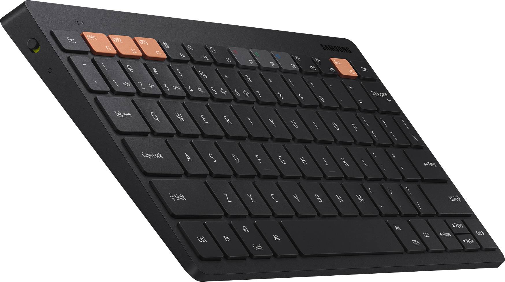 Schwarze kabellose Tastatur mit QWERTZ-Layout, orangefarbene Funktionstasten und schlankem Design, von einer Seitenperspektive gezeigt.