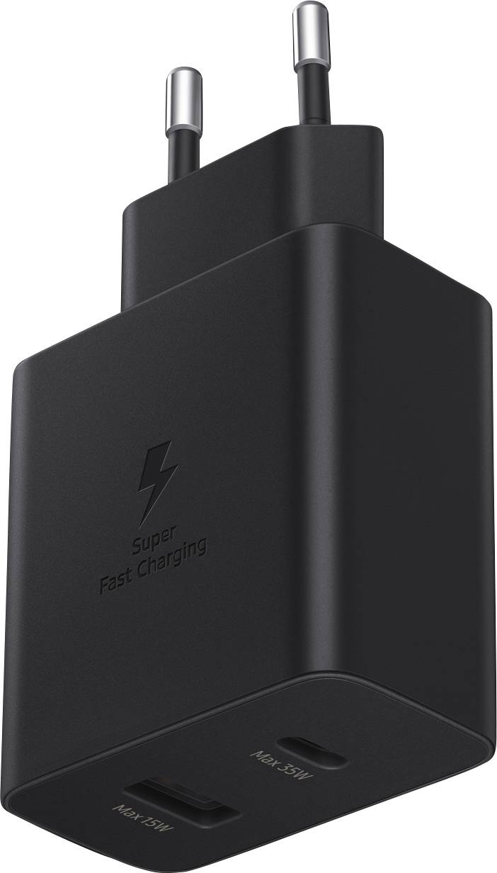 Schwarzes Ladegerät mit zwei USB-Anschlüssen und der Aufschrift 'Super Fast Charging'. Geeignet für schnelles Aufladen elektronischer Geräte.