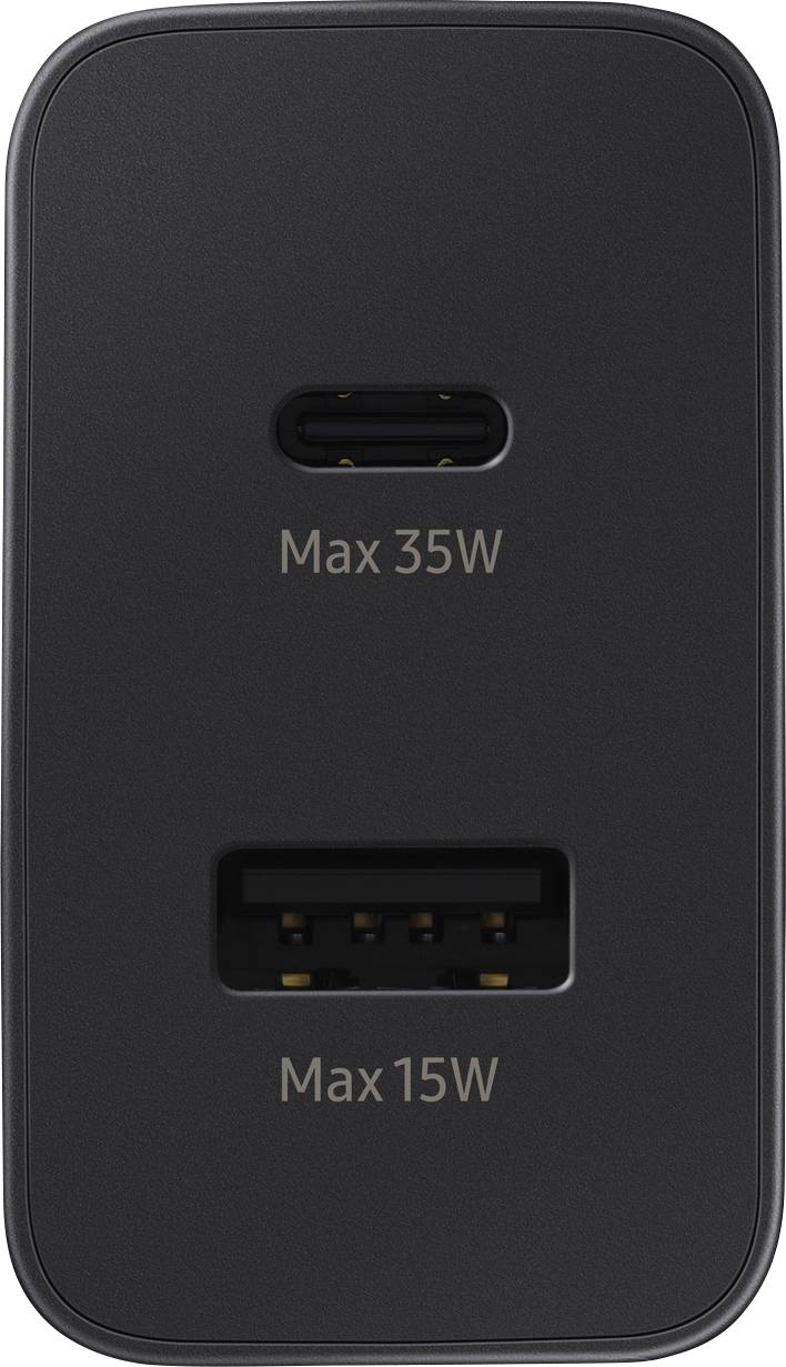 Ein schwarzes Ladegerät mit einem USB-C-Anschluss 'Max 35W' oben und einem USB-A-Anschluss 'Max 15W' darunter.
