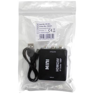 Ein schwarzer Mini HDMI zu AV-Adapter und USB-Kabel in durchsichtiger Verpackung. Gerät konvertiert HDMI-Signale zu AV-Ausgang.