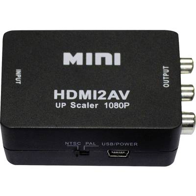 HDMI-zu-AV-Konverter mit 'MINI' und 'HDMI2AV', bietet Upscaling auf 1080P. Anschlüsse für Eingang und Ausgang sowie Stromversorgung.