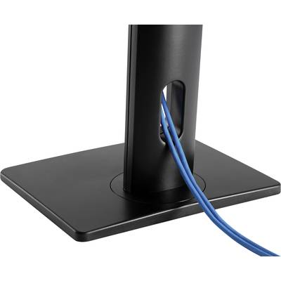 Ein schwarzer Kabelkanal, der blaue Kabel durch seinen hohlen Standfuß führt, auf einem Tisch stehend, für saubere Kabelorganisation.