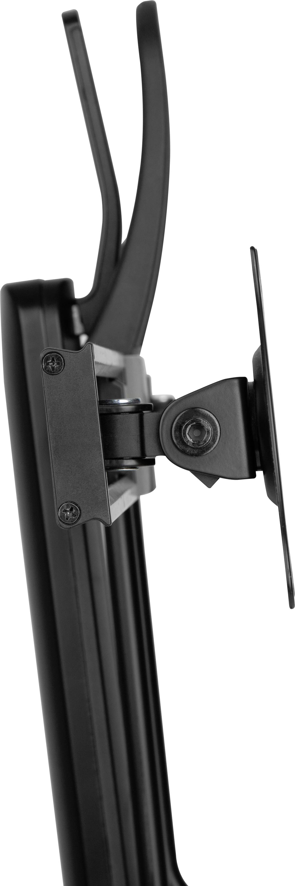Seitenansicht eines schwarzen, verstellbaren Monitorarms, der an einer Halterung befestigt ist. Der Arm zeigt eine bewegliche Gelenkverbindung.