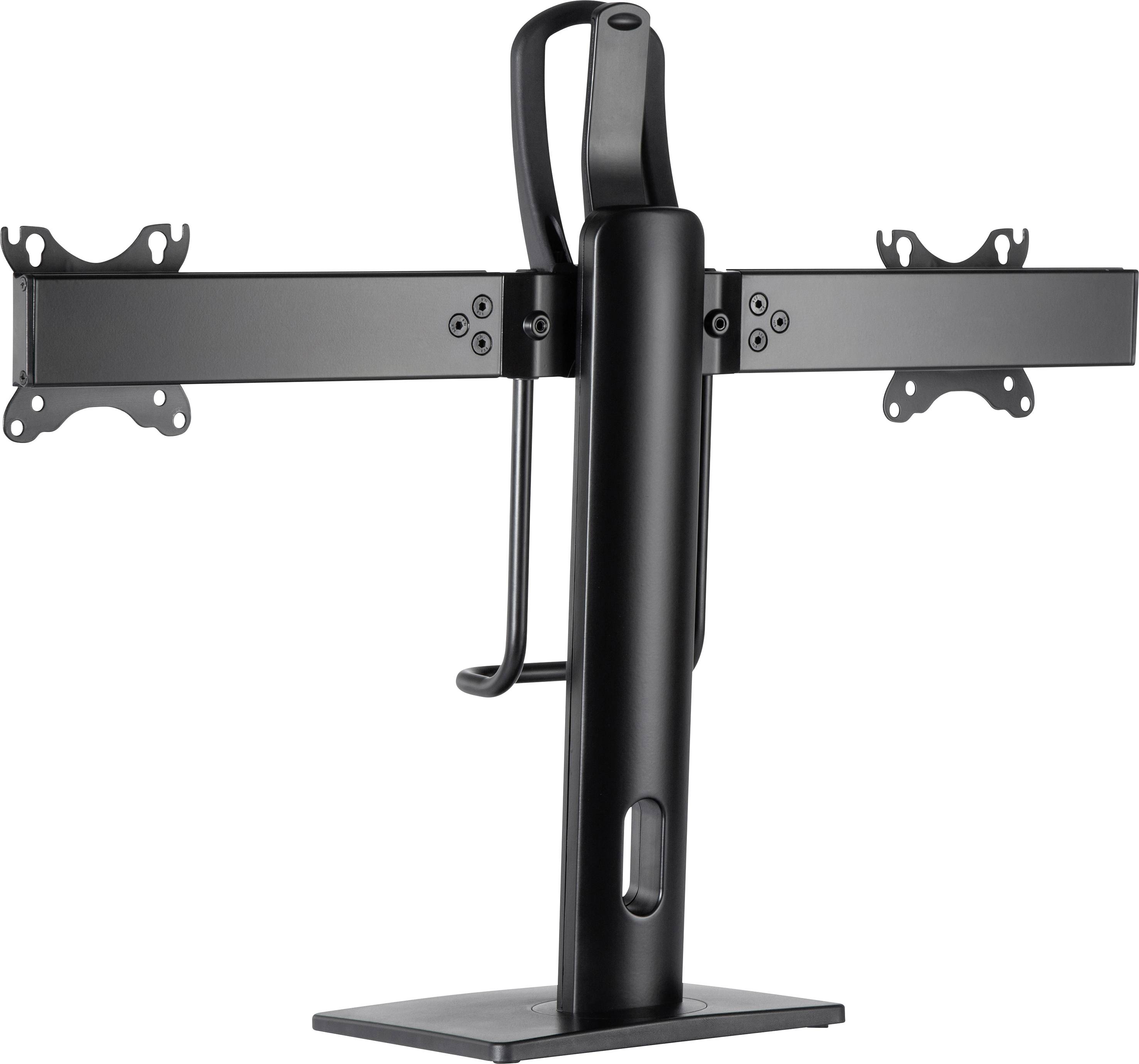 Monitorständer aus schwarzem Metall mit flexiblen Armen und Kabelmanagementsystem, geeignet für zwei Bildschirme.
