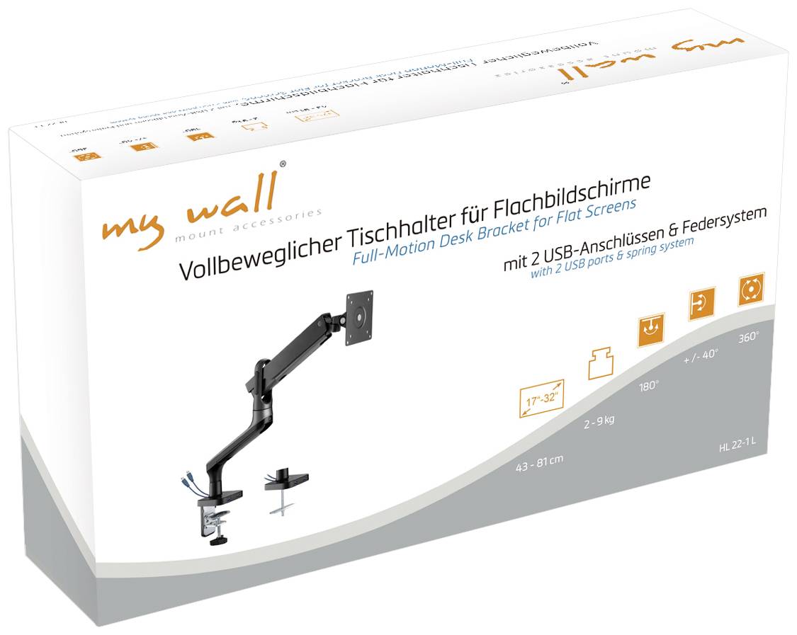 Vollbeweglicher Tischhalter für Flachbildschirme, geeignet für 17"-32" Bildschirme, mit 2 USB-Anschlüssen und Federsystem.