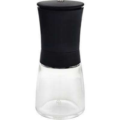 Pfeffermühle aus Glas mit schwarzem Deckel, geeignet zum Mahlen von Gewürzen.