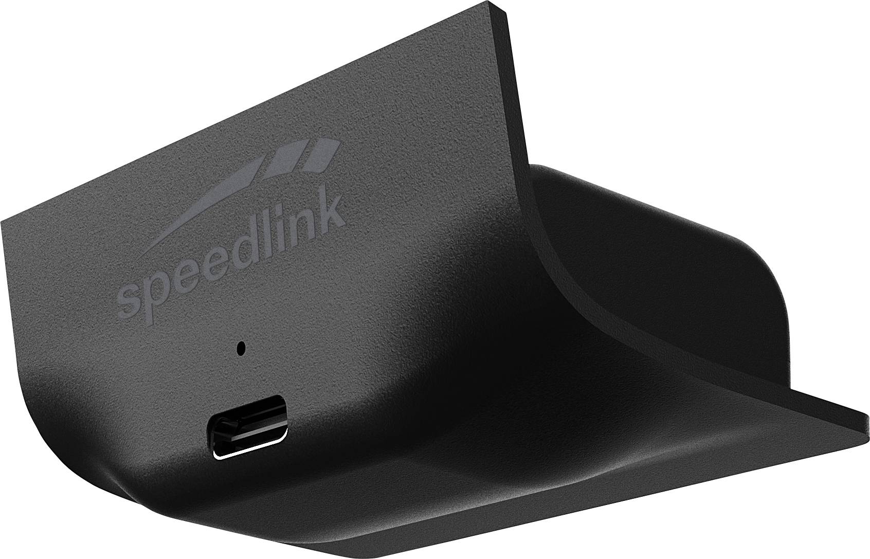 Ein schwarzes Ladegerät mit 'speedlink'-Logo und USB-C-Anschluss unten.
