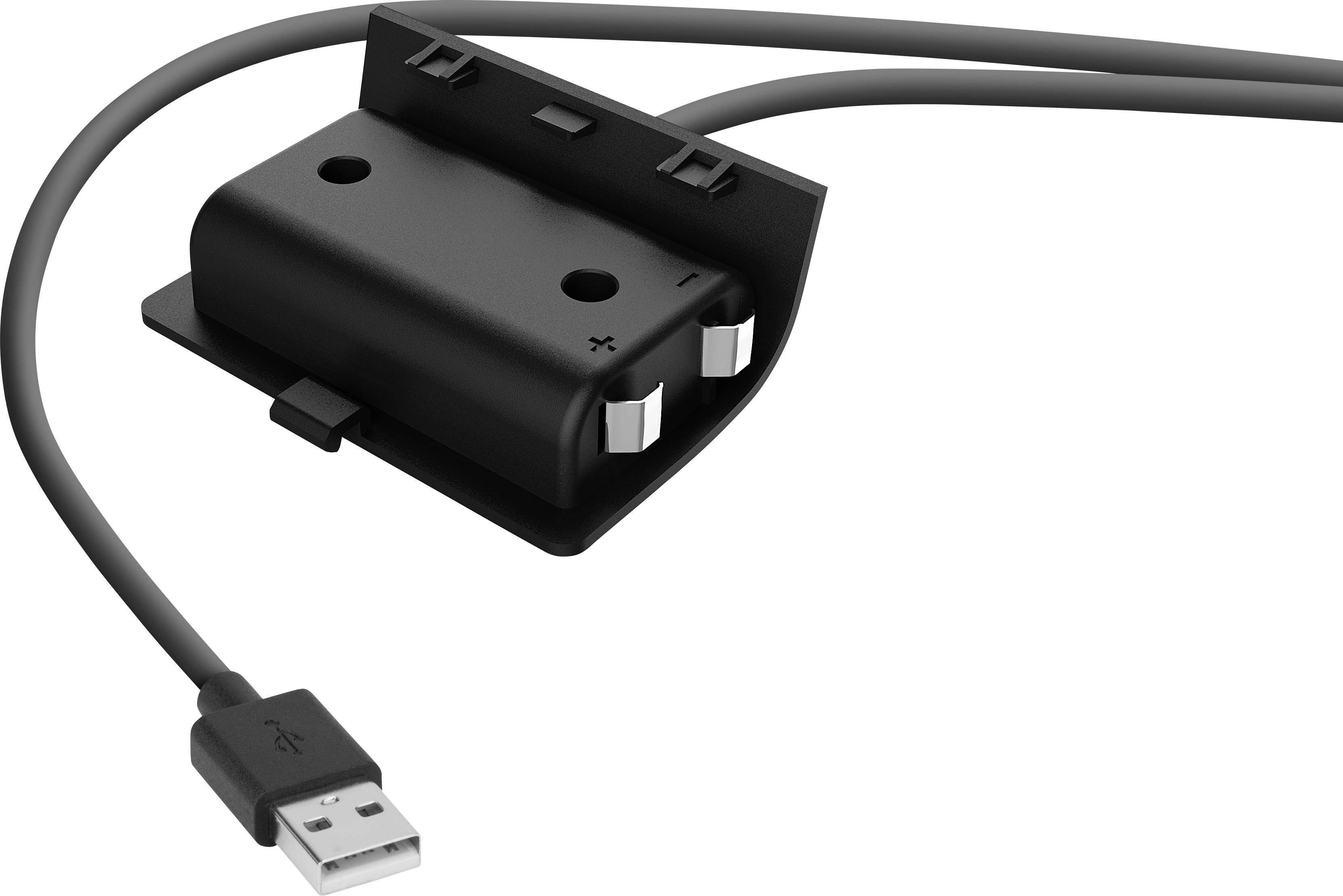 Ein schwarzes Akkuladegerät mit zwei Batteriefächern und einem USB-Kabel, das der Stromversorgung dient.
