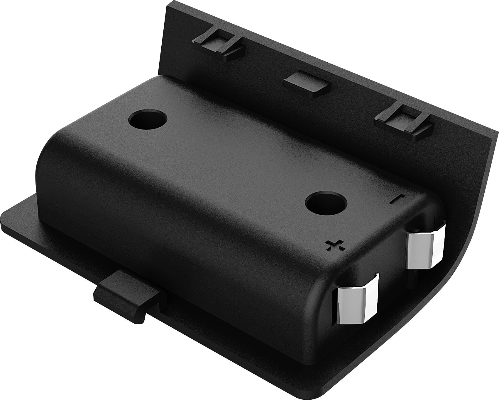 Ein schwarzes Batteriefach mit Plus- und Minus-Pole zeigt die Gehäuseseite nach oben. Es ist für einen elektronischen Apparat konzipiert.