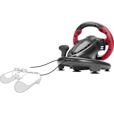 Spiel-Lenkrad mit Pedalen und rotem Lenkrad, verbunden mit einem Kabel, was auf Gaming-Zubehör hinweist.