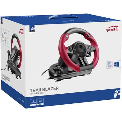 Eine Verpackung eines Rennlenkrads mit roten und schwarzen Details der Marke 'Speedlink Trailblazer', abgebildet in verschiedenen Ansichten.