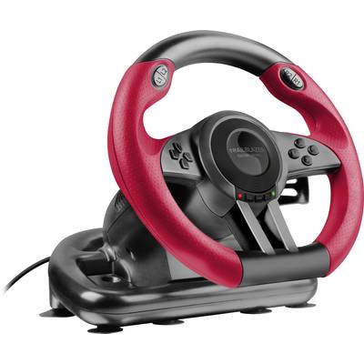 Ein rotes und schwarzes Gaming-Lenkrad mit Tasten und einem Kabel, auf einer Basis mit Saugnäpfen befestigt, für Rennsimulatoren.