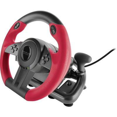 Gaming-Lenkrad aus Kunststoff mit rotem und schwarzem Design, mehreren Tasten und Kabel für virtuelle Fahrsimulatoren.