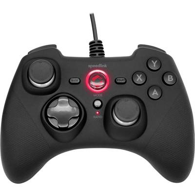 Schwarzer Gamecontroller mit analogem Steuerkreuz, zwei Joysticks und vier Funktionstasten. Ein rotes Licht leuchtet in der Mitte.